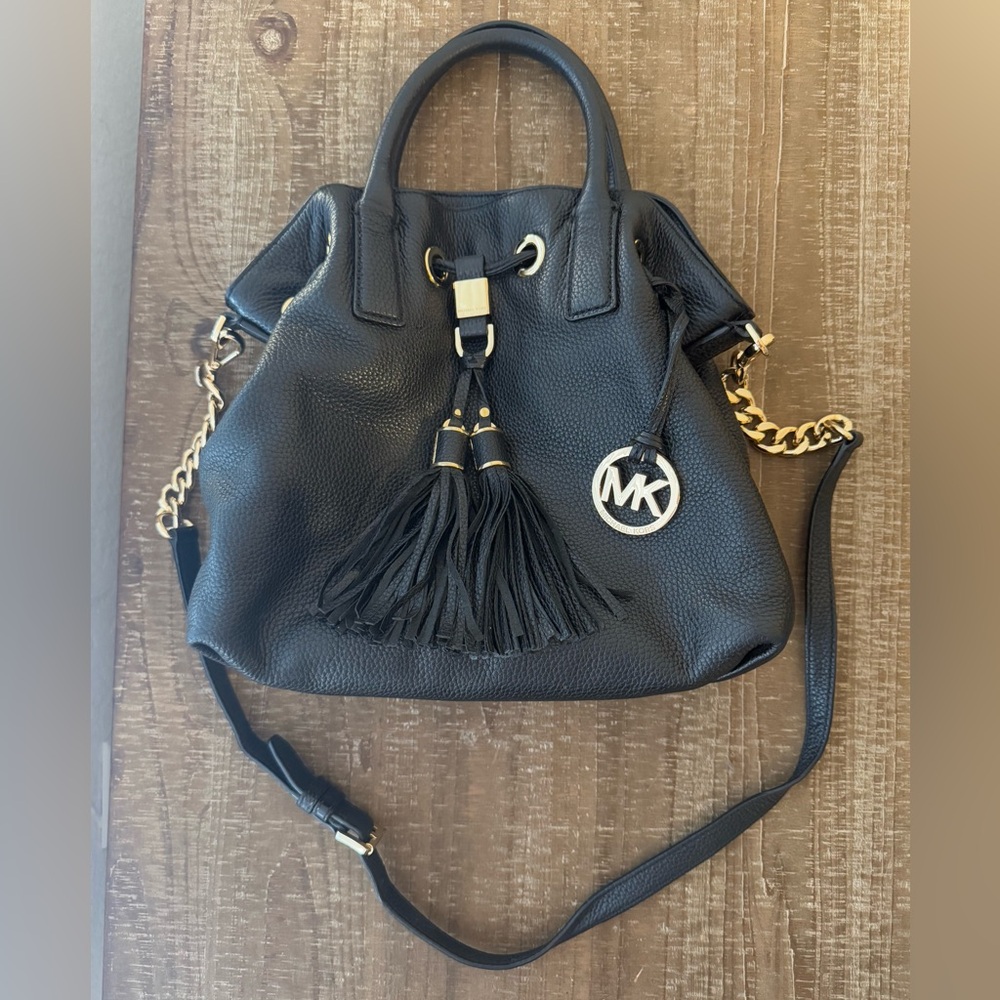 Michael Kors Black Leather Tassel Drawstring Handbag